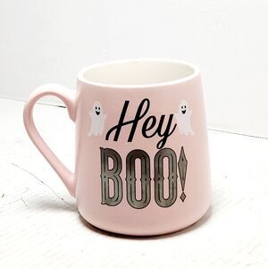 Hey BOO! Cute Halloween Ghost Large Coffee Mug/Cup Cobwebs & Cauldrons Pink
